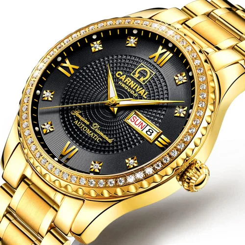 Vista 2 de CARNIVAL Mens Dial Automatic Full Gold Stainless Steel Sapphire Glass Waterproof Men Black Watch