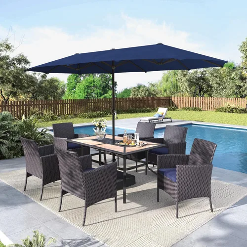Vista 23 de MFSTUDIO Juego de comedor al aire libre para 4, juegos de comedor de 5 piezas, mesa de patio y sillas para 4 con paraguas, juego de muebles de Beige