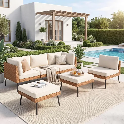 Vista 19 de Aoxun Juego de muebles de patio de 7 piezas con mesa auxiliar, color beige Muebles de mimbre para exteriores con cojines gruesos resistentes al