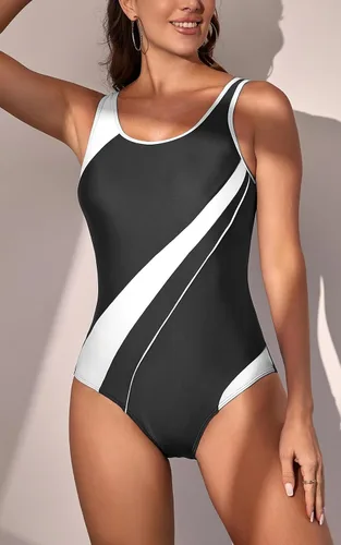 Vista 2 de Eomenie Trajes de baño atléticos de una pieza para mujer, con control de abdomen, elásticos, con bloques de color, adelgazantes