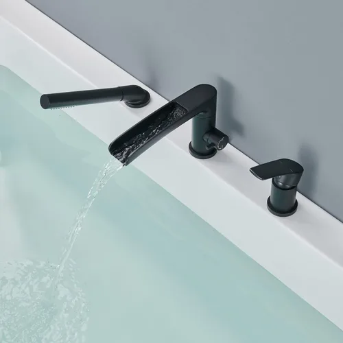 Vista 3 de Wowkk Grifo de Bañera Cascada de Bañera Romana Negro Montaje en Cubierta Grifos de Bañera de Latón Relleno de Bañera Grifos de Baño con Ducha de Mano