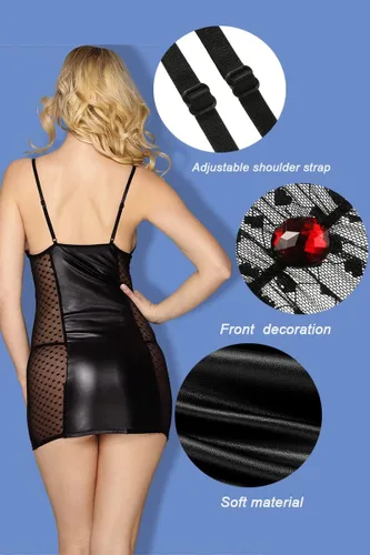 Vista 4 de EROMATE Vestido sexy para mujer, estilo mojado, de piel sintética, mini bodycon