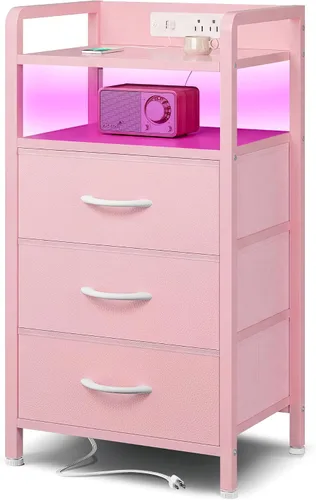 Vista 14 de Lazzanto Mesita de noche para dormitorio, mesita de noche con estación de carga y tira de luz LED, mesita de noche con estante de almacenamiento y 2