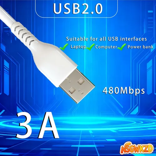 Vista 4 de Cable USB C blanco de 10 pies de largo, cable de carga rápida de 60 W, carga universal y sincronización de datos para dispositivo tipo C