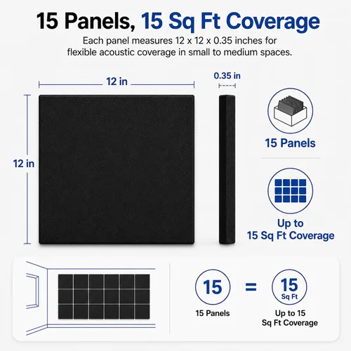Vista 2 de Paquete de 15 paneles de pared acústicos autoadhesivos, 12 x 12 x 0.35 Paquete de 15 cuadrados negros