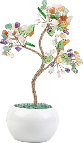 Vista 10 de Rockcloud Árbol de dinero de cristal curativo de aguamarina de 6.5 pulgadas, bonsái Fengshui con base de cerámica para buena suerte, riqueza