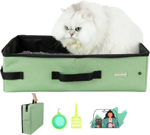Vista 15 de Arenero portátil de viaje para gatos con tapa para contener arena y olor. Fácil de transportar, limpiar y almacenar. Ideal para viajes en auto