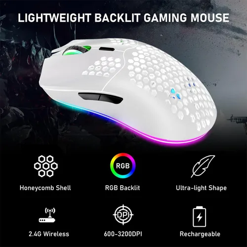 Vista 6 de XINMENG Ratón inalámbrico para juegos, diseño de panal ligero, 3200 DPI recargable, con 16 retroiluminación arcoíris, receptor USB, compatible