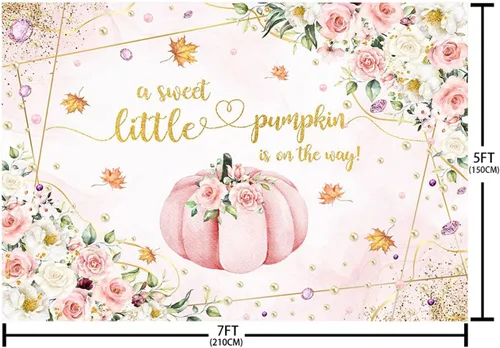 Vista 5 de AIBIIN Telón de fondo de calabaza para baby shower de 7 x 5 pies para niñas, calabaza rosa floral, baby shower, fondo de fotografía de otoño