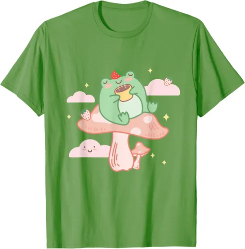 Vista 21 de Kawaii Strawberry Frog On Mushroom - Camiseta de manga corta de anime, Azul / Patchwork, S Azul Pastel
