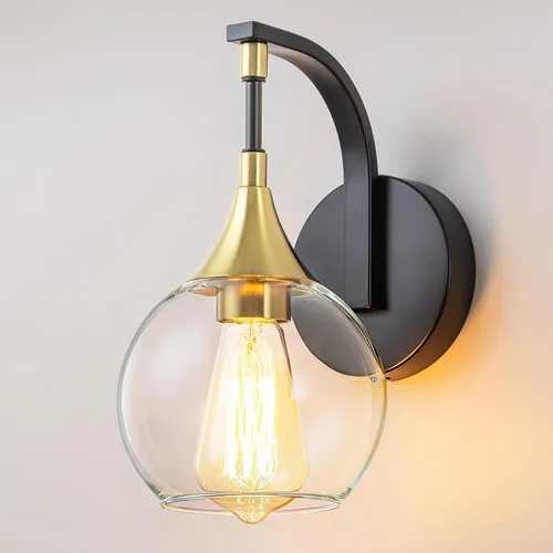 Vista 9 de Juego de dos apliques de pared negros, lámpara de pared moderna con pantalla de vidrio transparente, accesorios de iluminación de tocador de baño