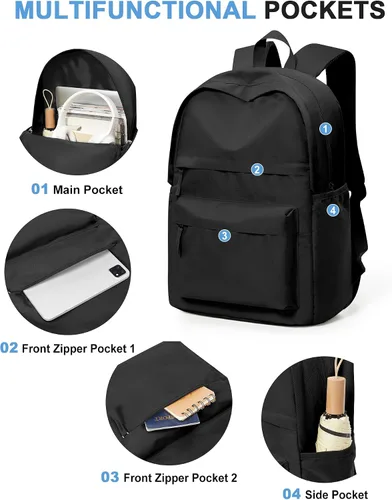 Vista 3 de VGCUB Mochilas escolares con libros, bolsa de viaje, mochilas escolares para niñas, mochila estética ligera para escuela, niñas y niños, a3-Negro