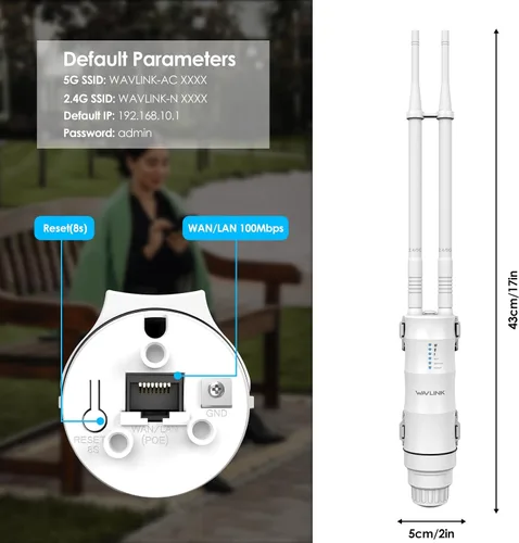 Vista 8 de WAVLINK AC1200 Extensor WiFi de largo alcance para exteriores/punto de acceso inalámbrico con POE activo/pasivo, puerto WAN/LAN, IP67 impermeable