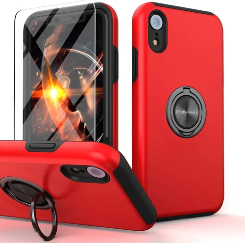 Vista 10 de Funda compatible con iPhone XR con protector de pantalla de vidrio templado para hombres, funda protectora ligera 2 en 1 con soporte de anillo