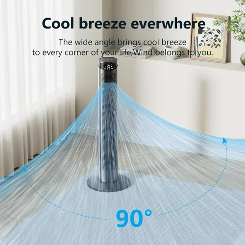 Vista 2 de CIH Ventilador de torre de 37 pulgadas, 24 pies/s, ventilador oscilante silencioso sin aspas, 6 velocidades con control remoto, 4 modos, pantalla