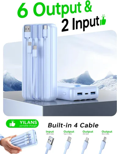 Vista 2 de Portable Charger,50000mAh Power Bank Built-in Cable, 22.5W PD USB C In & Out Fast Charging, External Battery Pack with 6 Output & 2 Input, Travel