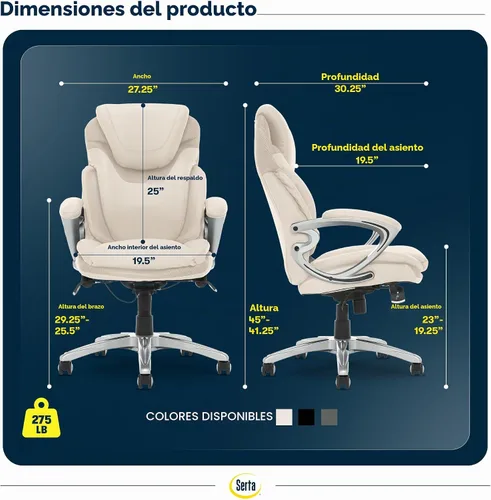 Vista 3 de Serta AIR Health and Wellness - Silla de oficina ejecutiva, respaldo alto, ergonómica grande y alta para soporte de madera, giratoria, piel Blanco