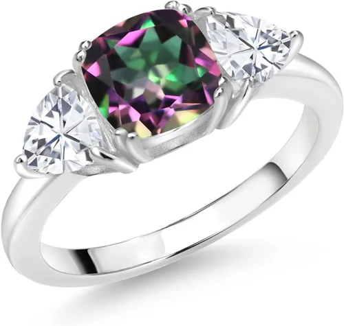 Vista 10 de 925 Sterling Silver Gemstone Birthstone and White Moissanite 3-Stone Engagement Ring for Women 7MM Cushion and 5MM Trillion Accents Three Stone
