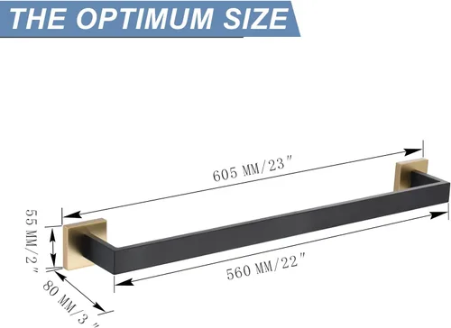 Vista 6 de TQKAG Toallero individual negro y dorado de 23.6 pulgadas, toallero de baño de acero inoxidable montado en la pared, colgador de toallas de baño.