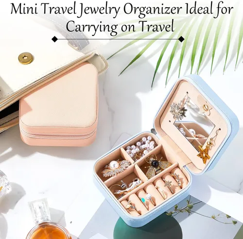 Vista 24 de Joyero de viaje de 10 piezas, cajas de regalo de dama de honor, organizador de viaje con espejo, caja pequeña de joyería, mini caja organizadora