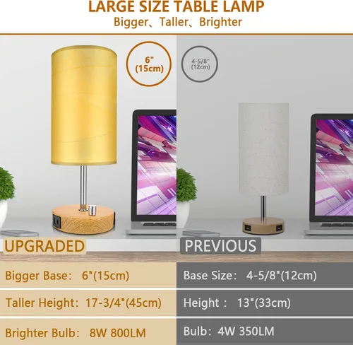 Vista 5 de HiBay Lámpara de mesita de noche regulable de 17.75 pulgadas con estación de carga, 2 puertos USB y salida de CA, luz rústica de grano de madera