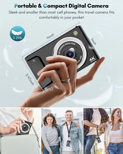 Vista 5 de Cámara digital 4K, cámaras de enfoque automático de 48 MP para fotografía, cámara compacta de vlogging con cámara frontal y trasera, cámaras de Negro