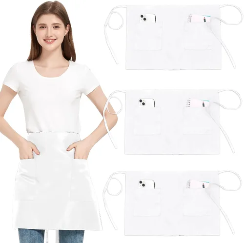 Vista 21 de Paquete de 3 delantales de cintura con 3 bolsillos, delantales de camarero unisex negros, delantales resistentes al agua para restaurante, chef y bar