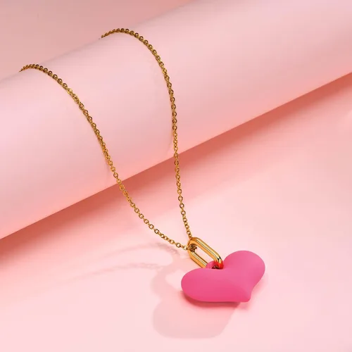 Vista 5 de Collar con dije de corazón rosa Bonitos colgantes de corazón de amor para mujeres y niñas, joyería de moda preparada, collar de cadena