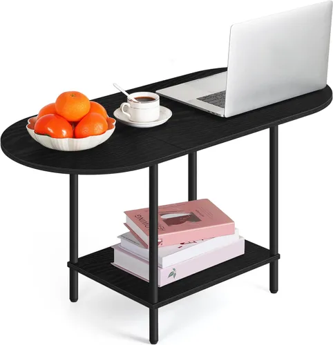 Vista 3 de OYEAL Mesa de Café Negra para Sala de Estar, Mesa Central Pequeña de 2 Niveles Ovalada, Mesa de Té Redonda de Granja de Media Siglo con Estante