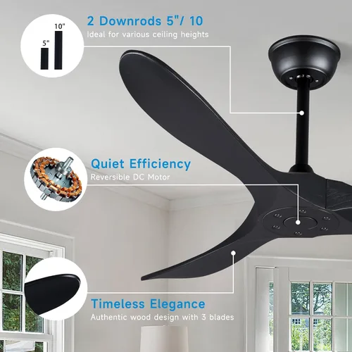 Vista 3 de Bigzone - Ventilador de techo negro para interiores y exteriores de 52 pulgadas sin luces con control remoto, motor DC eficiente energéticamente