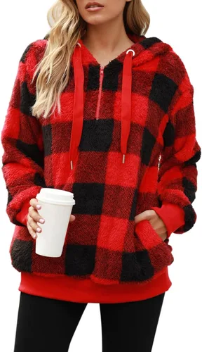 Vista 2 de Nirovien - Sudadera con capucha para mujer, sherpa, sin botones, de gran tamaño, mullida, de vellón doble, abrigada, suave, a cuadros