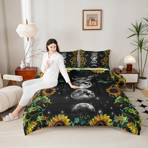 Vista 21 de Juego de edredón de champiñones para niños, tamaño individual, juego de ropa de cama romántica con sol, luna, cielo estrellado y galaxia, decoración