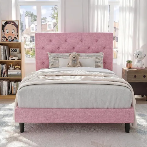 Vista 31 de HOMBCK Base de cama de tamaño individual con cabecera, base de cama tapizada con plataforma de lino para niños, base de cama de tamaño individual