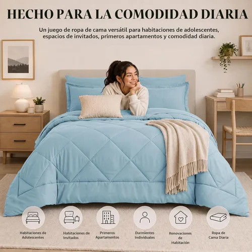 Vista 9 de CozyLux - Juego de edredón matrimonial de 82 x 86 pulgadas, color azul Azul claro