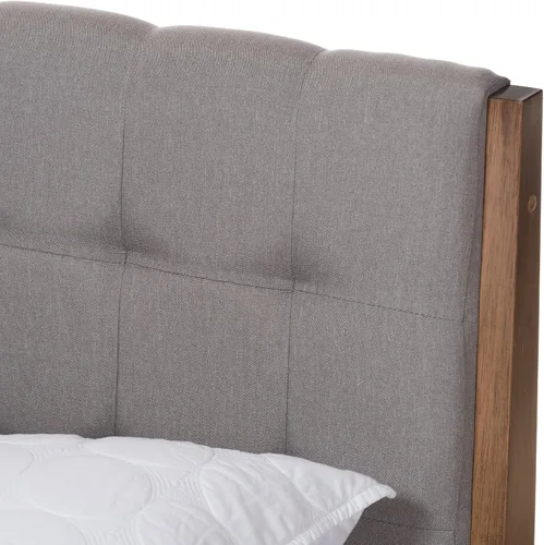 Vista 6 de Baxton Studio Denise Mid-Century - Cama con plataforma de madera, tamaño Queen, gris claro/marrón nogal medio