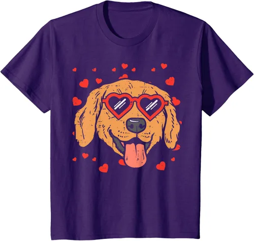 Vista 70 de Golden Retriever cara corazón gafas día de San Valentín perro regalo camiseta Negro