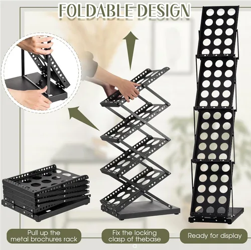 Vista 4 de Tatuo Estante plegable para revistas, catálogo de metal, portátil, 4 bolsillos con bolsa de transporte, soporte para folletos, soporte