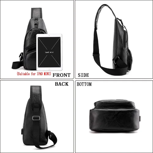 Vista 5 de Seoky Rop Bolso bandolera pequeño de cuero para hombre, bolso bandolera con puerto de carga USB, Negro -, Mochilas Sling