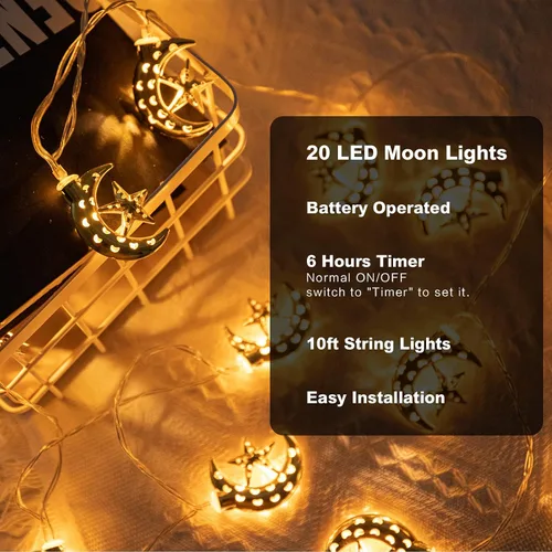 Vista 3 de Vigdur Guirnalda de luces de Ramadán – 20 luces LED Eid Mubark Luna Star Fairy Lights funciona con pilas con temporizador, luz de decoración Ramanda