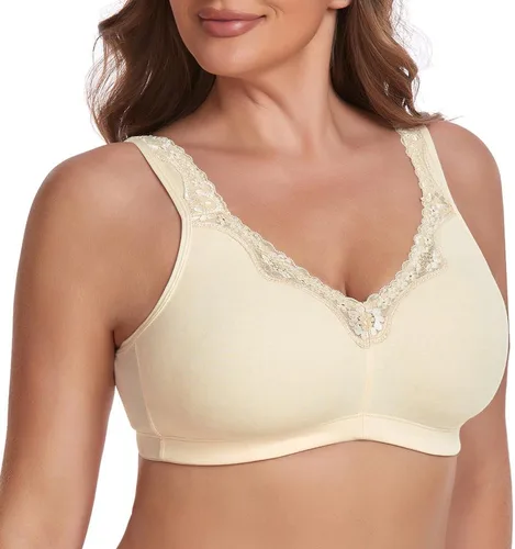 Vista 3 de Brasier de algodón cómodo con encaje y cobertura completa sin forro para mujer, sin forro, sin varillas, para mujer Albaricoque