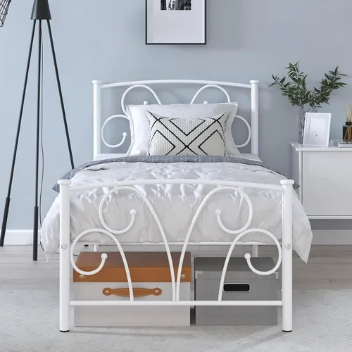 Vista 4 de Elephance - Base de cama individual con cabecera y estribo de metal, color blanco
