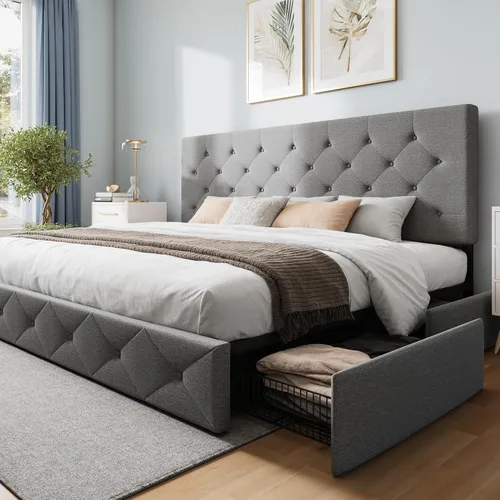 Vista 20 de WEEWAY Base de cama de plataforma de tamaño matrimonial con 4 cajones de almacenamiento, cabecera capitonada con botones de costura de diamante