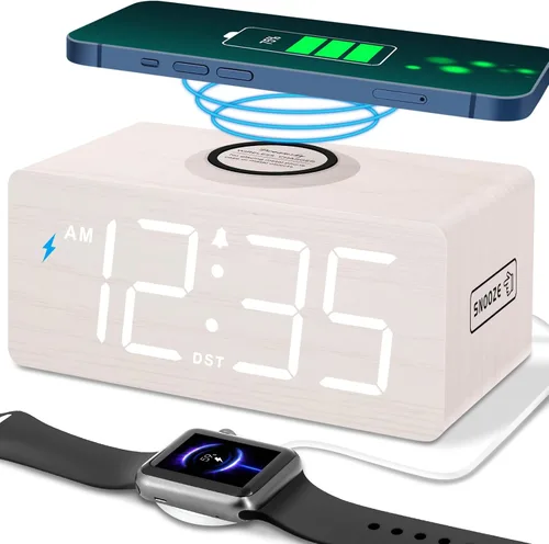 Vista 9 de DreamSky Wooden Digital Alarm Clock with Wireless Charging for Bedroom Bamboo
