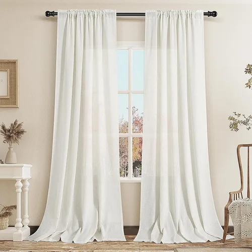 Vista 125 de Cortinas de lino verde aguamarina de 84 pulgadas de largo, juego de 2 paneles semitransparentes con bolsillo para barra para comedor, decoración