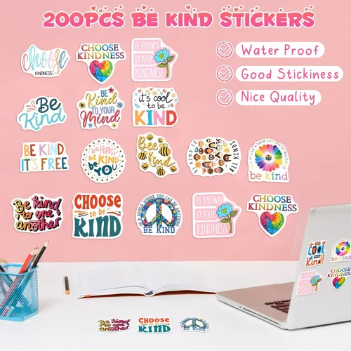 Vista 3 de Tenceur 200 calcomanías con texto en inglés «Be Kindness» con texto en inglés «Be Kindness» («Be Kindness») impermeables con texto en inglés «Be