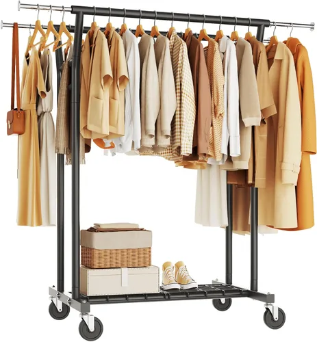 Vista 10 de HYSEYY Heavy Duty Clothes Rack, Rolling Clothing Rack for Hanging Clothes with Shelves Load 700LBS,Portable Garment Wardrobe Closet Rack with Wheels