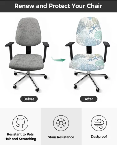 Vista 2 de LiDU Funda para silla de oficina costera, fundas elásticas para silla de computadora, diseño de estrella de mar náutica marina, fundas elásticas