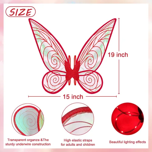 Vista 6 de quescu Alas de hadas iluminadas para adultos, alas de mariposa LED para niñas y mujeres, disfraz de Halloween, regalos para niños