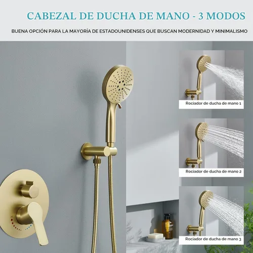Vista 4 de Sistema de ducha de oro cepillado de 12 pulgadas para baño, cabezal de ducha de lluvia dorado de alta presión con rociador de mano, accesorios