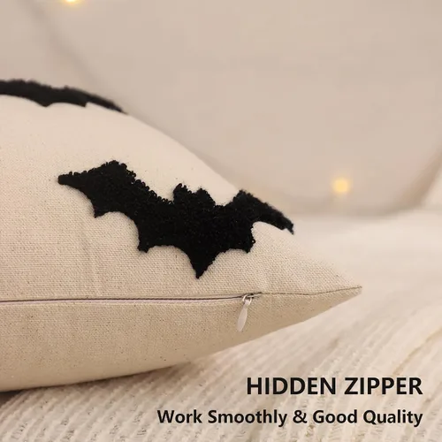 Vista 3 de Juego de 2 fundas de almohada de Halloween de 16 x 16 pulgadas con bordado de murciélagos 3D negros, fundas de almohada de Acción de Gracias, fundas